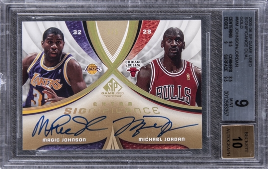 2005/06 SP Game Used "Significance Dual" Gold #MM Michael Jordan/Magic Johnson Dual Signed Card (#3/5) - BGS MINT 9/BGS 10